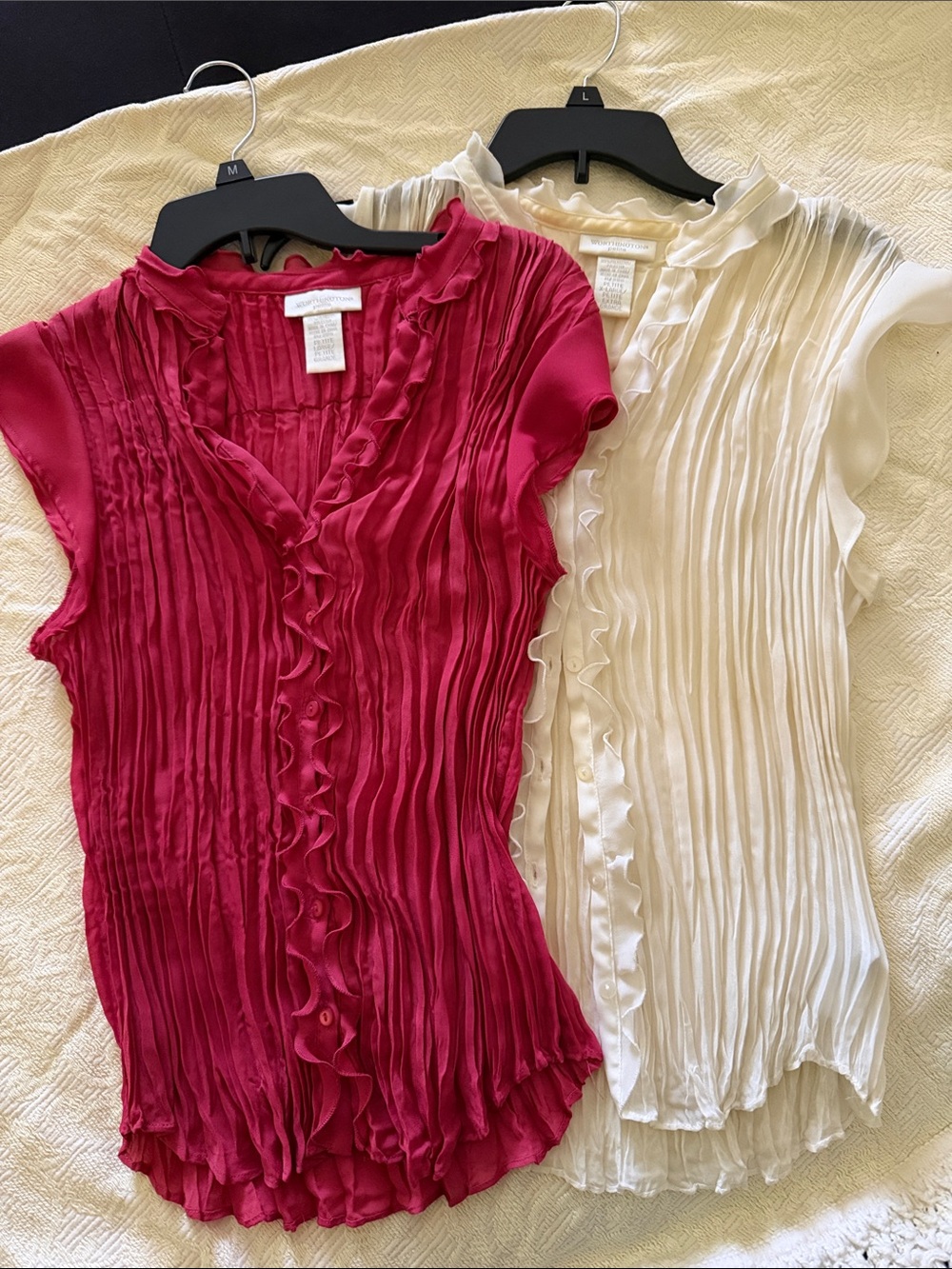 Worthington Ruffled Pleated Cap-Sleeve Blouse - Bright Pink & Cream